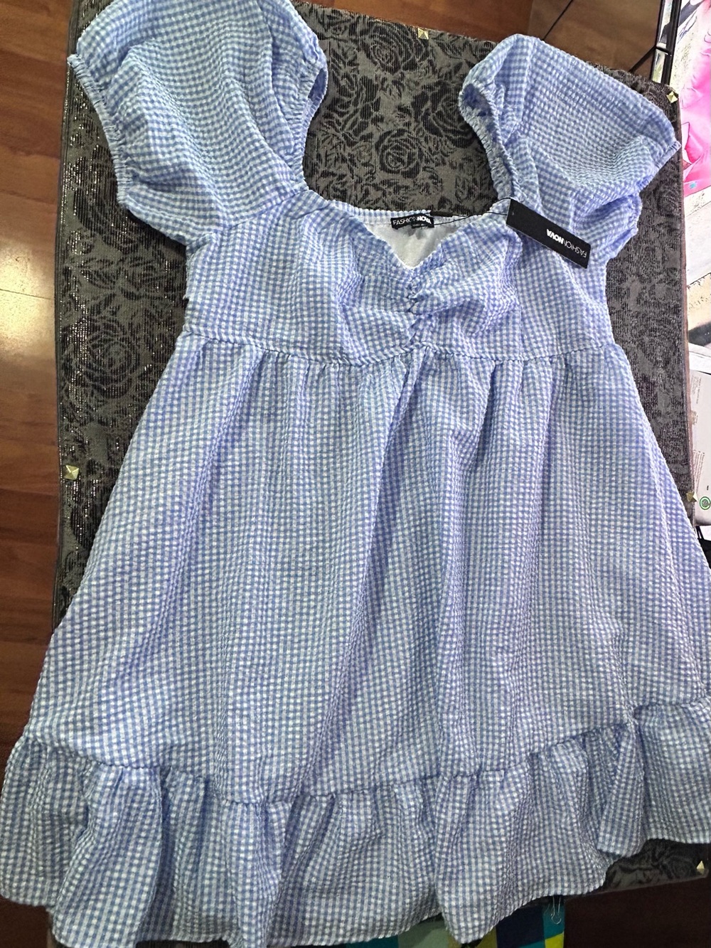 Fashion Nova Blue Gingham Puff-Sleeve Mini Dress